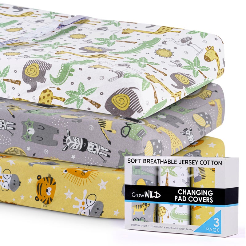 GrowWILD GROW WILD Changing Pad Cover 3 Pack | Soft & Stretchy Jersey Cotton | Baby Changing Table Pad Cover | Diaper Changing Pad Covers for Girls and Boys (Animals & Safari) - Image 4